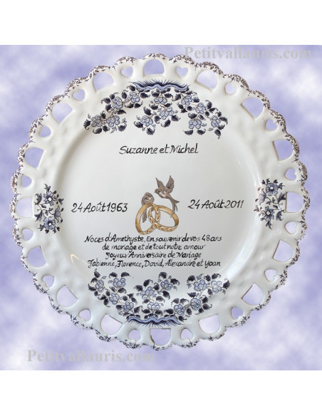 Assiette de Mariage modèle Tournesol bleu poème personnalisé