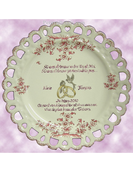 Assiette de Mariage modèle Tournesol rose citation personnalisée noces d'or,inscription rose