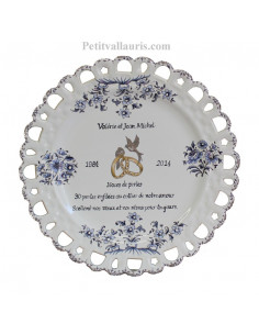 Assiette de Mariage modèle Tournesol bleu poème personnalisé noces de perle 