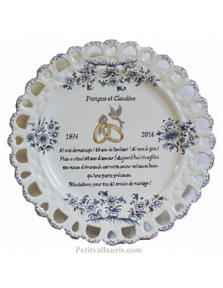 Assiette de Mariage modèle Tournesol bleu poème noces d'émeraude personnalisé 