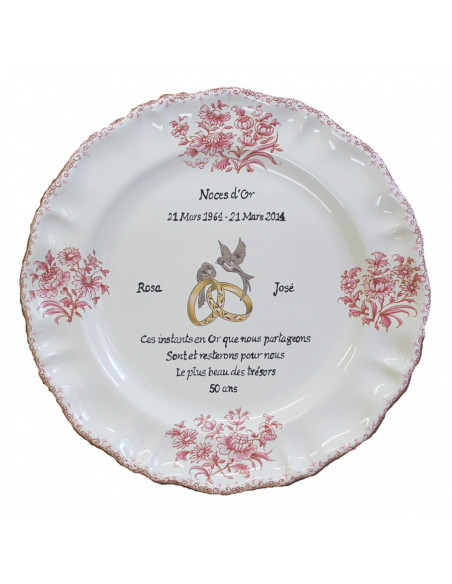 Assiette souvenir 50 ans de mariage modèle Louis XV décor rose Poème Noces d'or