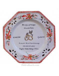 Assiette de Mariage octogonale décor fleurs rouge coquelicots avec poème noces de rubis
