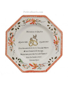 Assiette de Mariage octogonale décor fleurs rouge coquelicots avec poème noces de diamant