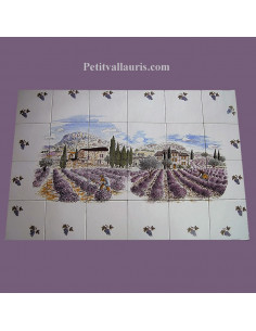 Fresque céramique rectangulaire décor champs de lavande et grappes de raisin
