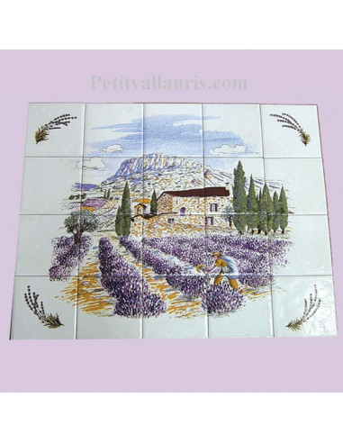 Fresque murale en faïence décor Provence et brins de lavande