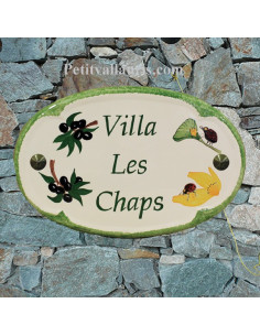 Plaque pour nom de maison ovale en céramique décor coccinelle et brins d'olive