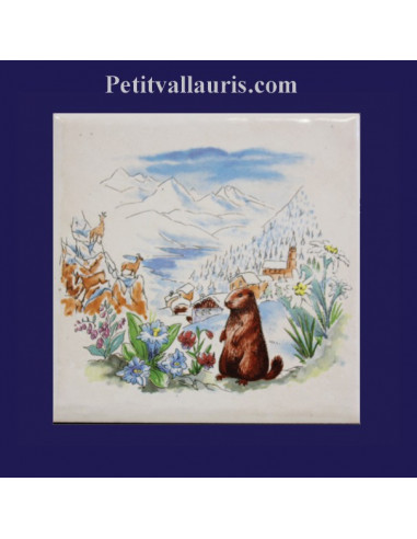 Carreau décor Marmottes et Lac d'hiver 10 x 10 cm