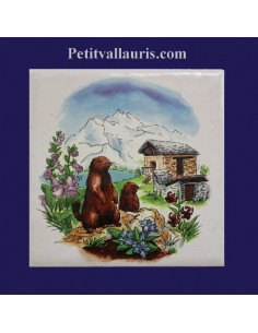Carreau décor Marmottes en montagne paysage Ete 10 x 10 cm