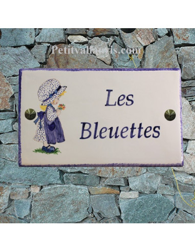 Plaque décorative de maison en céramique décor poupée camaieu de bleu