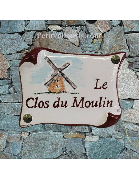 Plaque de Maison en faience modèle parchemin motif artisanal le moulin des Flandres + personnalisation