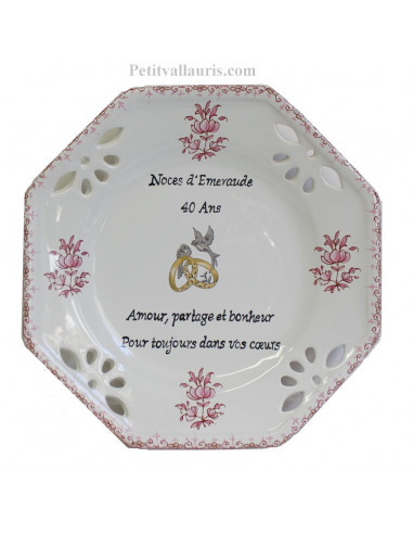 Assiette de Mariage octogonale petit modèle décor tradition vieux moustiers rose