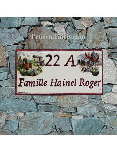 Plaque de maison faience émaillée décor paysage montagne inscription personnalisée prune