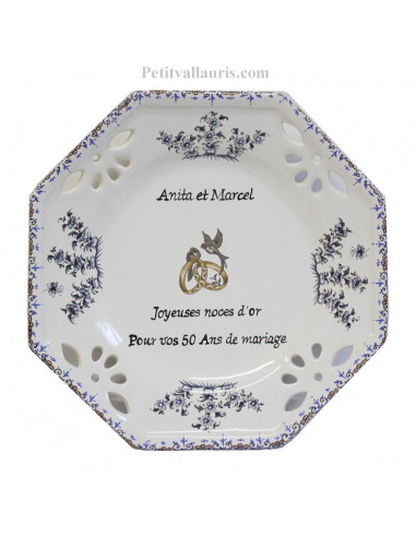 Assiette de Mariage octogonale petit modèle décor tradition vieux moustiers bleu