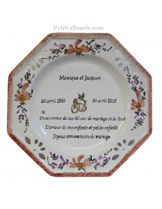 Assiette anniversaire de Mariage octogonale décor fleurs saumons avec poème noces de diamant