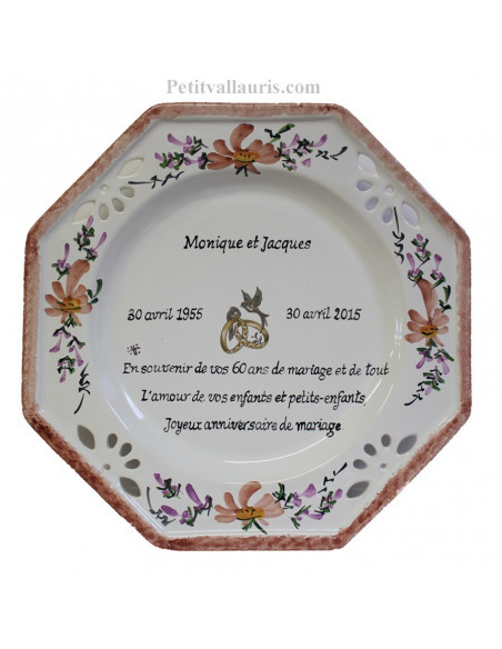 Assiette anniversaire de Mariage octogonale décor fleurs saumons avec poème noces de diamant