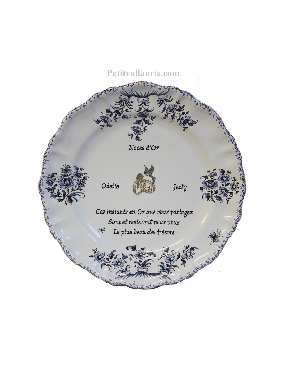 Assiette anniversaire de mariage personnalisable modèle Louis XV décor  fleurs bleues