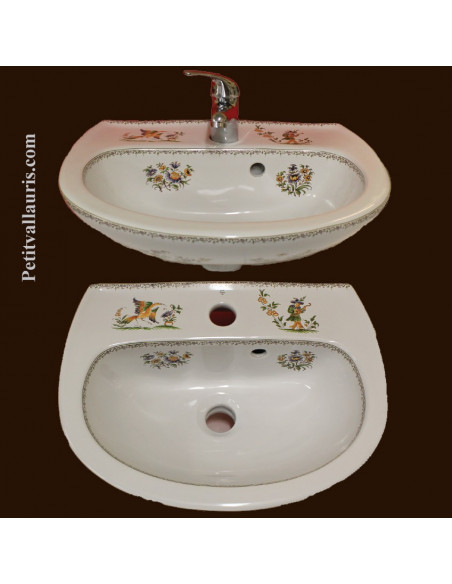 Lave-main d'angle en porcelaine blanche reproduction décor Tradition Vieux  Moustiers polychrome