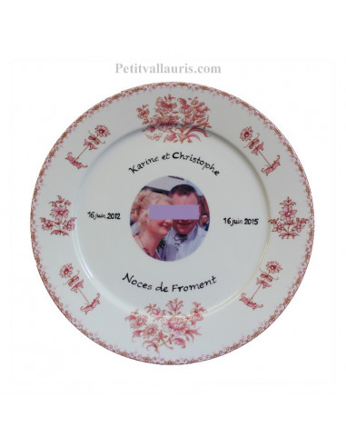 Assiette de Mariage porcelaine avec photo décor tradition vieux moustiers rose