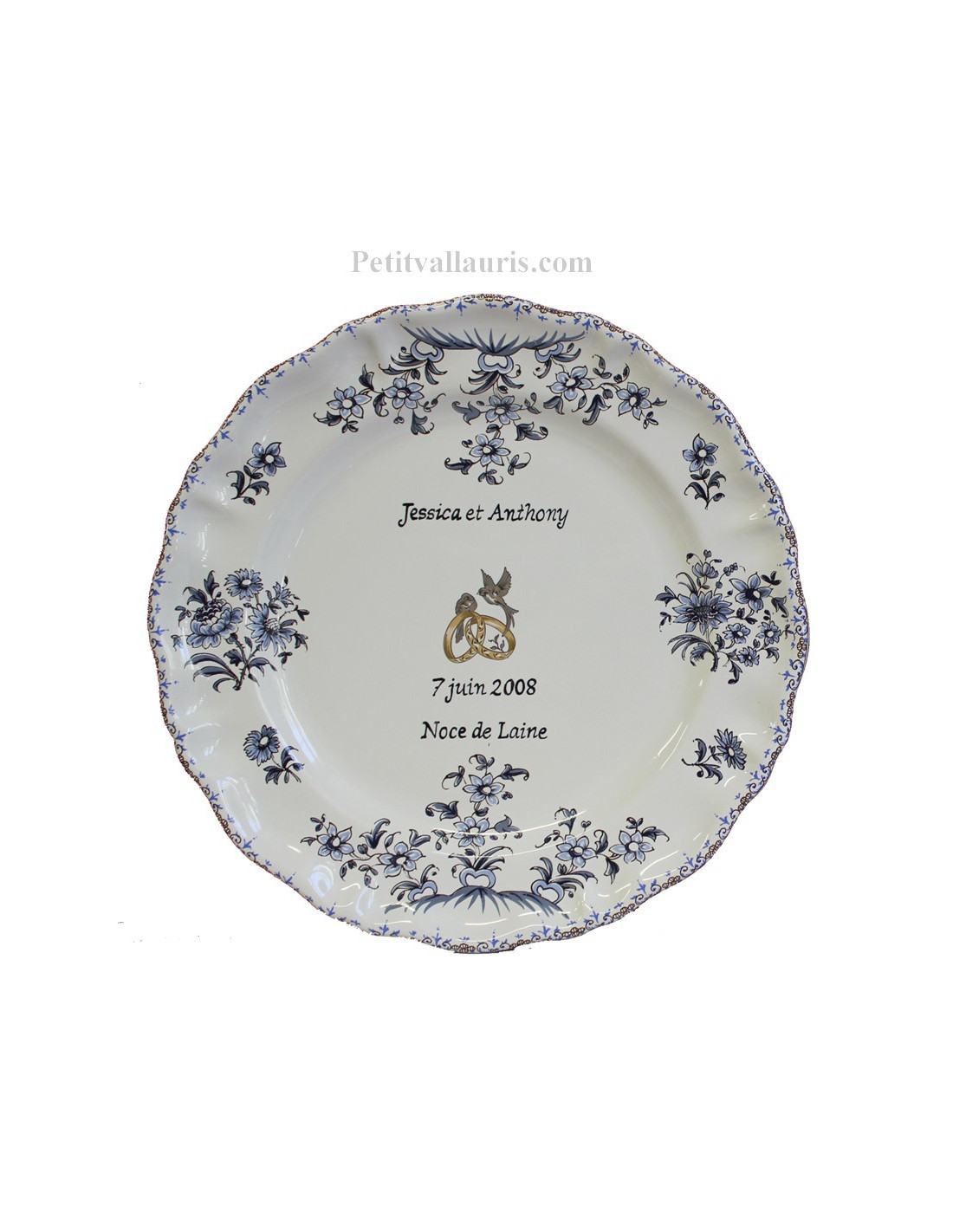 Assiette anniversaire de mariage pour noces d'or personnalisable modèle  Louis XV décor fleurs bleues