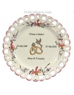 Assiette de Mariage modèle Tournesol décor fleurs roses inscription personnalisée rose