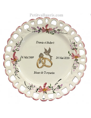Assiette de Mariage modèle Tournesol décor fleurs roses inscription personnalisée rose