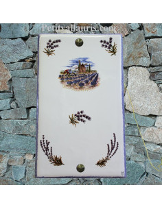 Plaque décorative rectangle décor moulin +champs et brins de lavandes aux angles pose verticale bord bleus