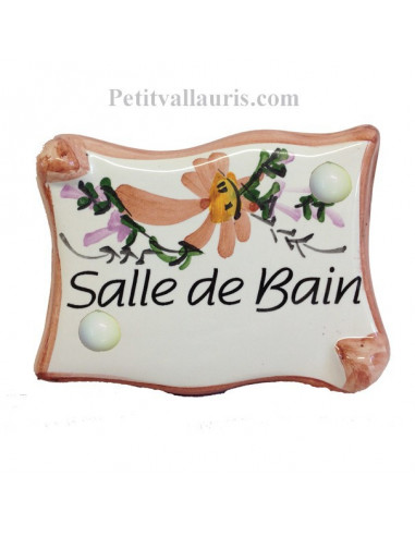 Plaque de porte parchemin fleurs beige "Salle de Bain" 