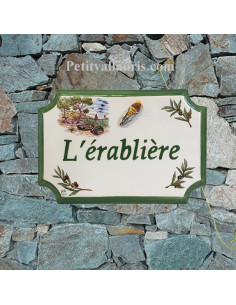 Plaque de Maison rectangle décor calanque+brins d'olives + cigale en relief inscription personnalisée verte