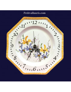 Horloge octogonale en faïence décor Fleuri jaune-orangé et bleu