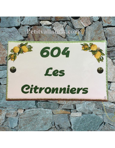 Plaque de Villa rectangle décor les citrons inscription personnalisée et bord vert
