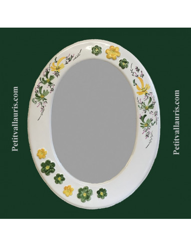 Miroir ovale décor Fleurs vertes et Fleurs jaunes + fleurs en relief