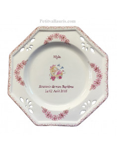Assiette de baptème octogonale décor ange coloris rose