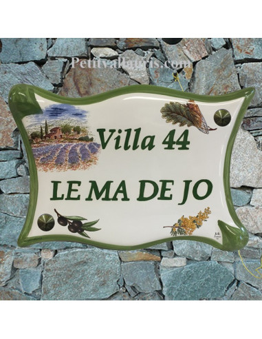 Plaque de maison parchemin en céramique Mas et Champs de Lavande bord et texte vert