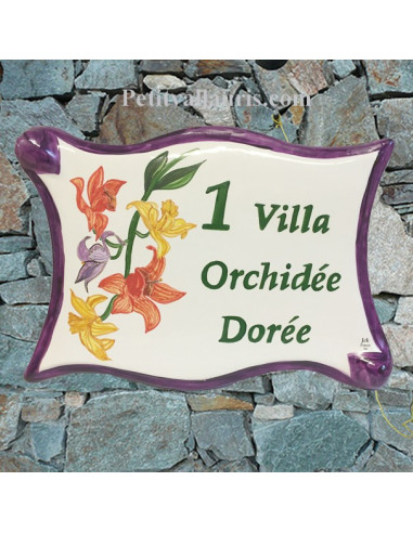 Plaque pour maison parchemin en céramique décor les Orchidées