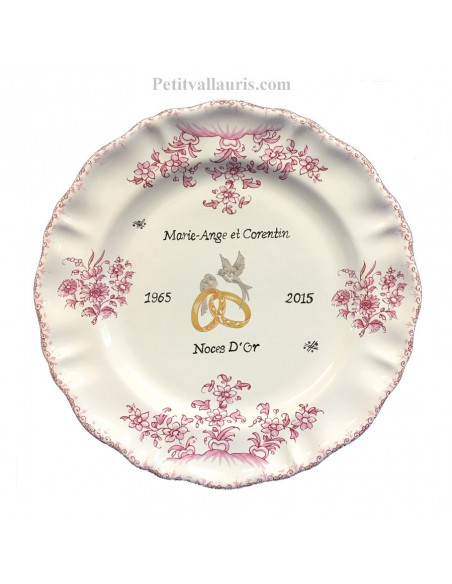 Assiette souvenir et cadeau de mariage modèle Louis XV motif reproduction fleurs tradition rose