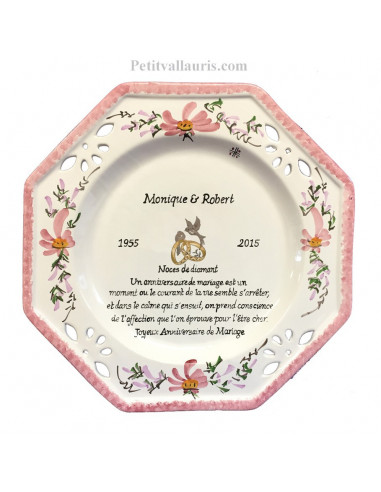 Assiette de Mariage octogonale décor fleurs roses avec poème noces de diamant