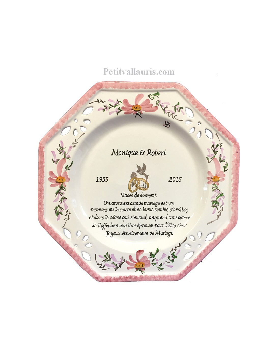 Grande assiette anniversaire 60 ans de Mariage modèle octogonale noces de  diamant motifs fleurs roses