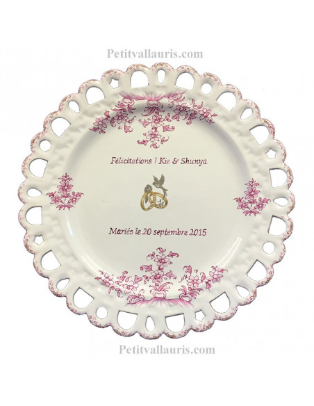 Assiette de Mariage modèle Tournesol rose inscription personnalisée rose