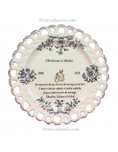 Assiette de Mariage modèle Tournesol décor tradition vieux moustiers bleu inscription avec citation noces de diamant