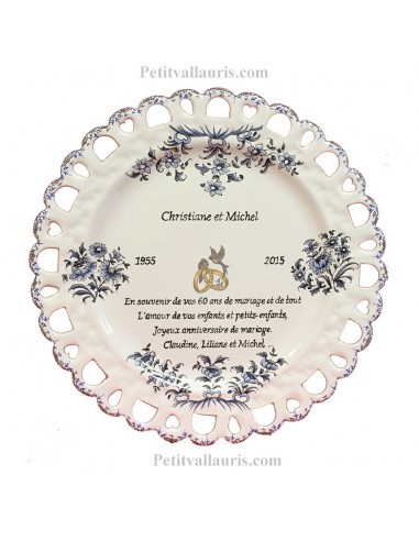 Assiette de Mariage modèle Tournesol décor tradition vieux moustiers bleu inscription avec citation noces de diamant