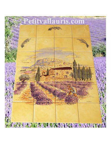Fresque faïence Haute Provence sur fond jaune et lavande