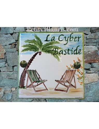 Plaque texte et décor personnalisé pour votre maison décor cocotier et chaises longues texte vert