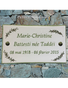 Plaque funéraire rectangle décor brins d'olives aux angles bord et inscription personnalisée verte