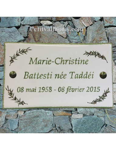 Plaque funéraire rectangle décor brins d'olives aux angles bord et inscription personnalisée verte