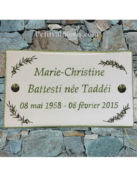 Plaque funéraire rectangle décor brins d'olives aux angles bord et inscription personnalisée verte