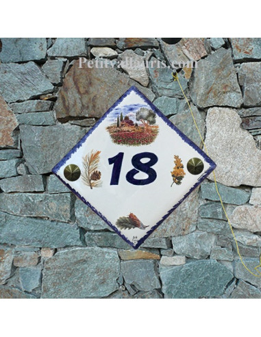 Numéro de Maison pose diagonalele décor cabanon et olivier chiffre bleu
