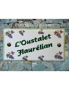 Plaque de Maison rectangle décor grappes de raisin inscription personnalisée bord verte
