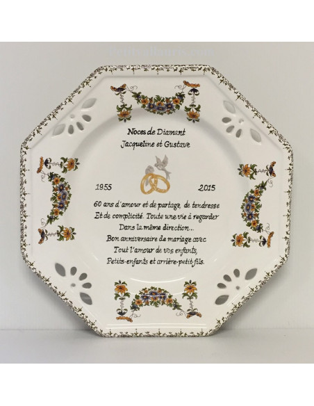 Assiette en faience pour anniversaire 60 ans de mariage modèle Louis XV  Poème Noces de diamant