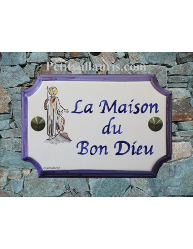 Plaque de Maison rectangle décor et texte personnalisés "Bon Dieu"inscription et bord bleu