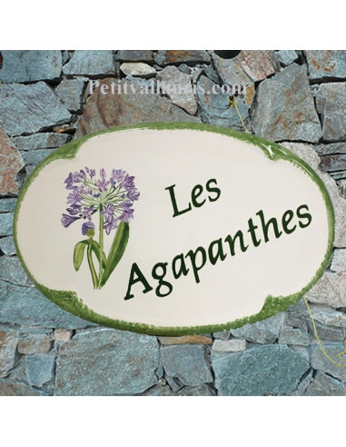 Plaque pour nom de maison ovale en céramique décor les Agapanthes